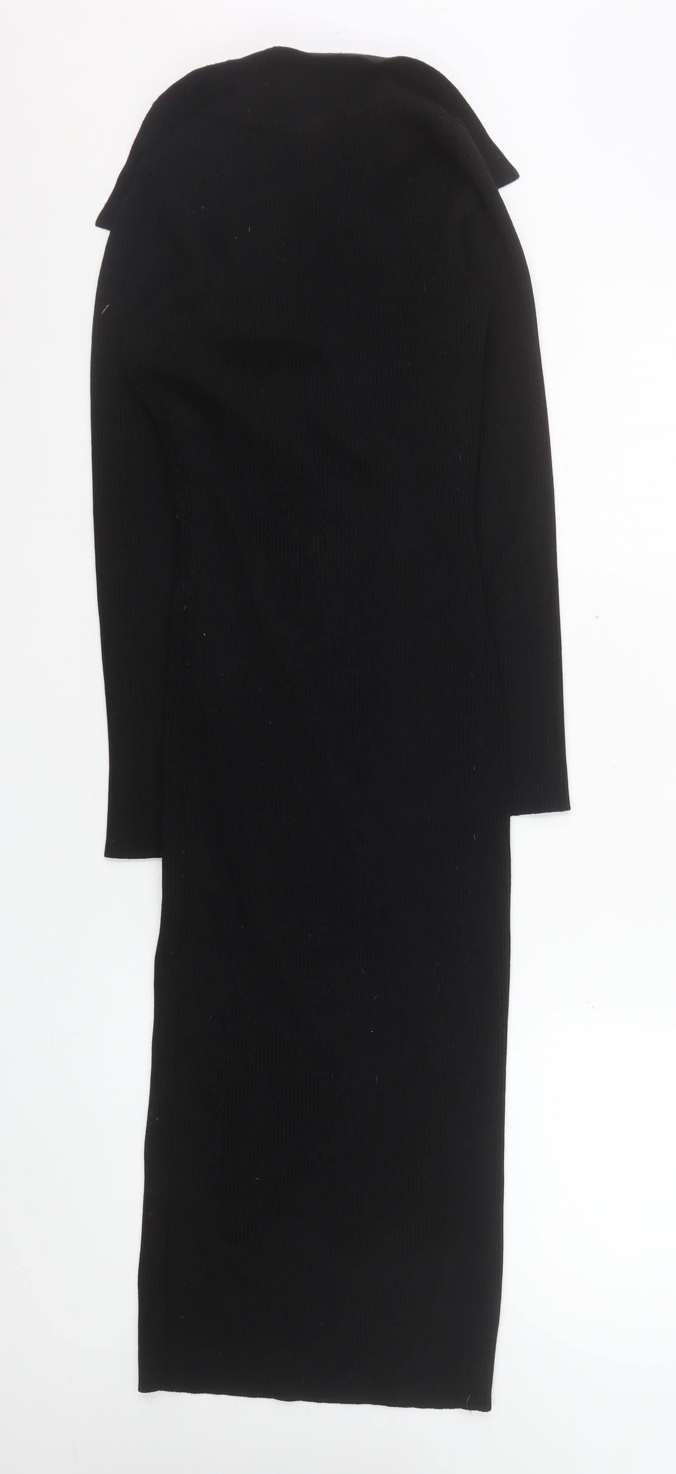 New Look Women's Black Collared Long Sleeve Ribbed Bodycon Midi Dress Size 12