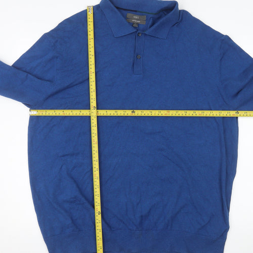 Marks and Spencer Men's Blue Cotton Blend Long Sleeve Polo 2XL
