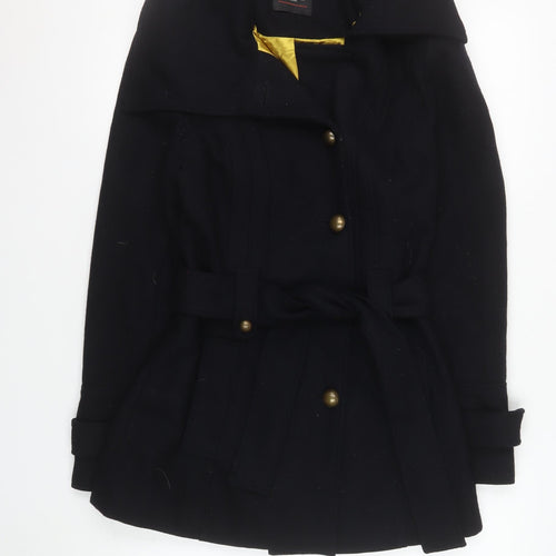 New Look Women's Black Wool Blend Trench Coat Size 10 Belted Mid-Length