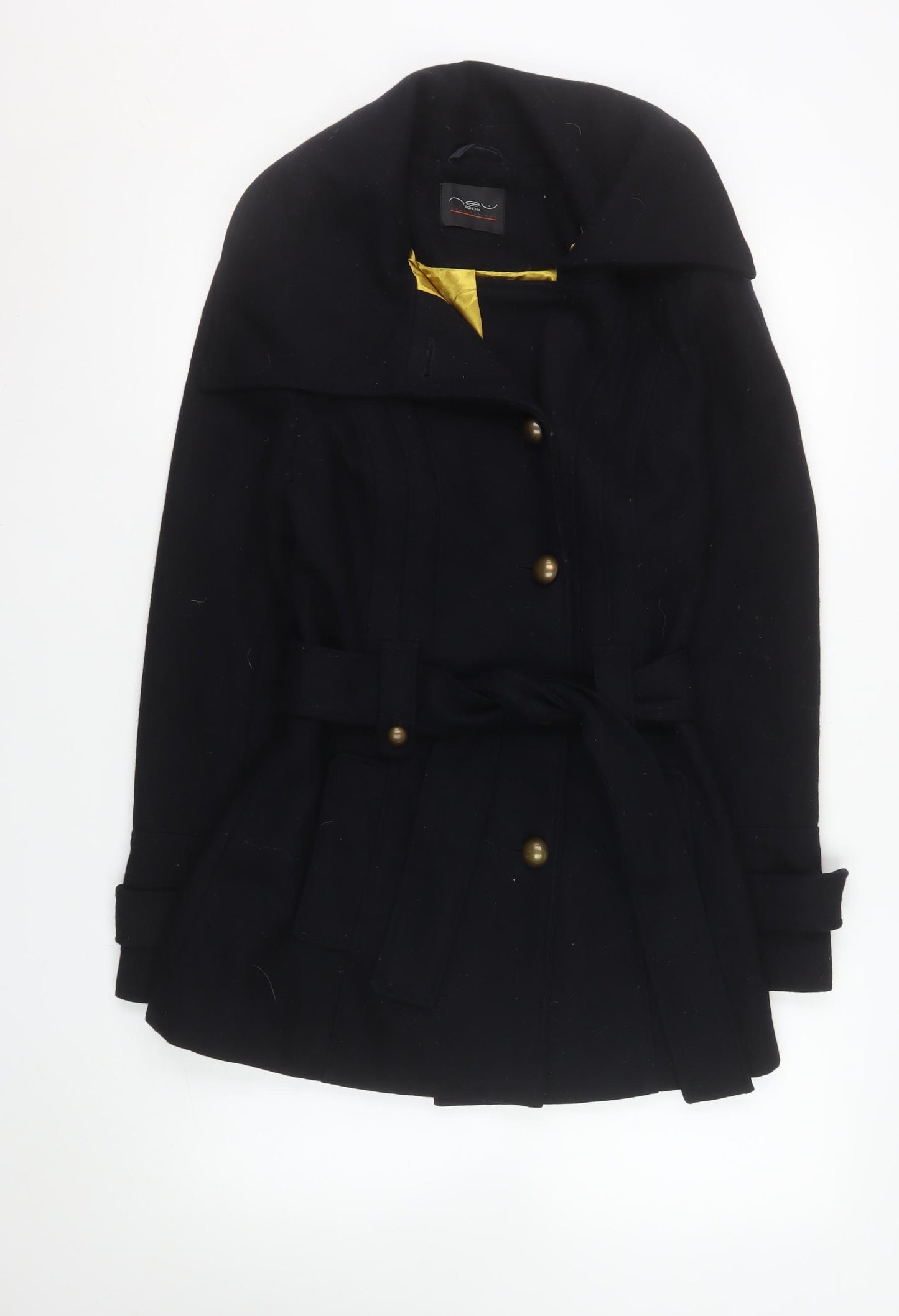 New Look Women's Black Wool Blend Trench Coat Size 10 Belted Mid-Length
