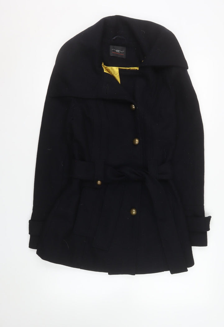 New Look Women's Black Wool Blend Trench Coat Size 10 Belted Mid-Length