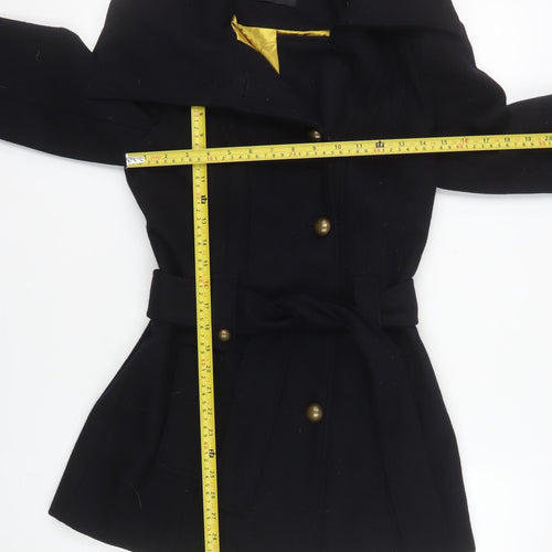 New Look Women's Black Wool Blend Trench Coat Size 10 Belted Mid-Length