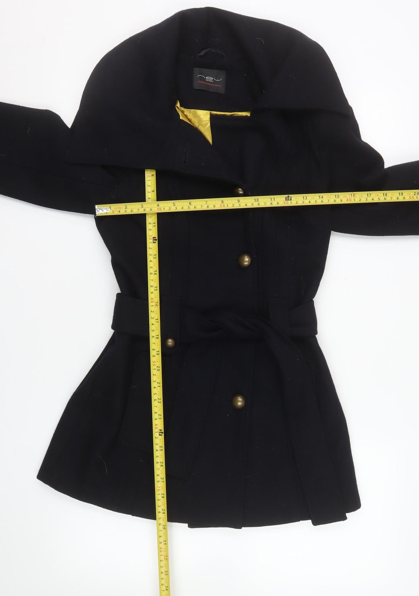 New Look Women's Black Wool Blend Trench Coat Size 10 Belted Mid-Length