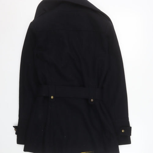 New Look Women's Black Wool Blend Trench Coat Size 10 Belted Mid-Length