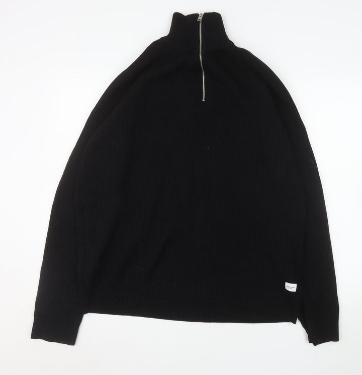 Jack & Jones Men Black 2XL High Neck 1/2 Zip Knit Sweatshirt