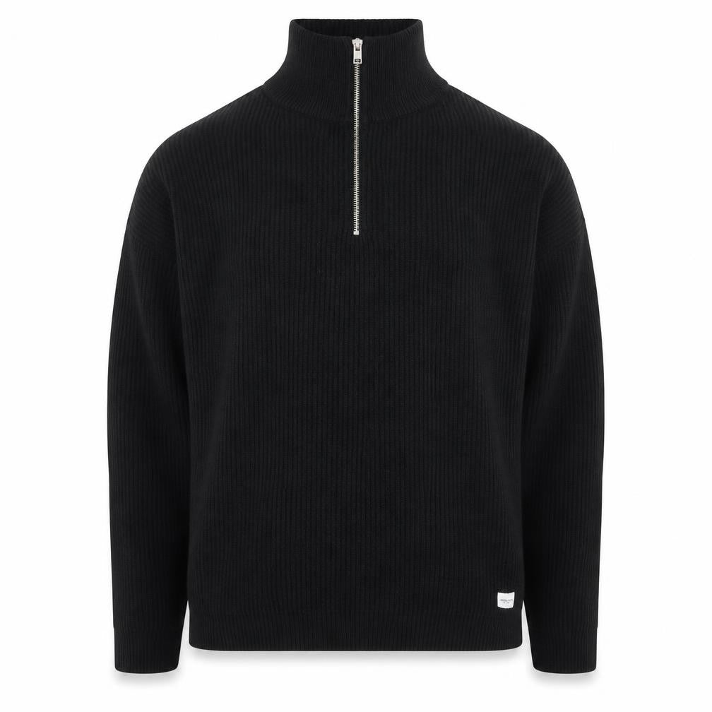 Front view of Jack & Jones Men Black 2XL High Neck 1/2 Zip Knit Sweatshirt