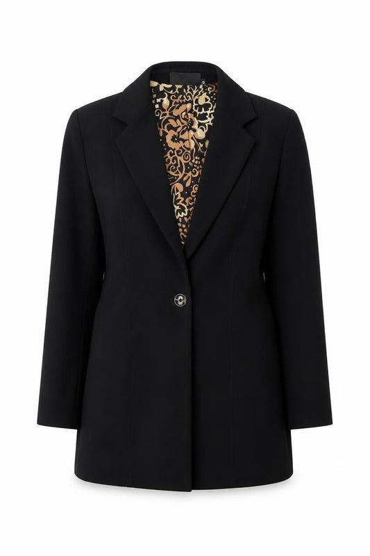 Front view of Warp + Weft Women's Black Blazer, size 12, Lined Single-Breasted Jacket