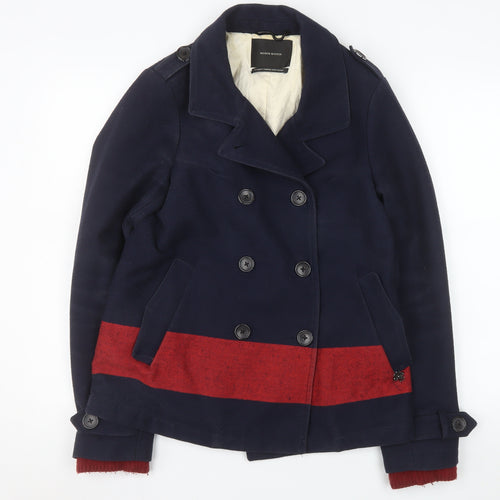 Maison Scotch Women Navy & Red Pea Coat Wool Blend Size 2 Classic Style
