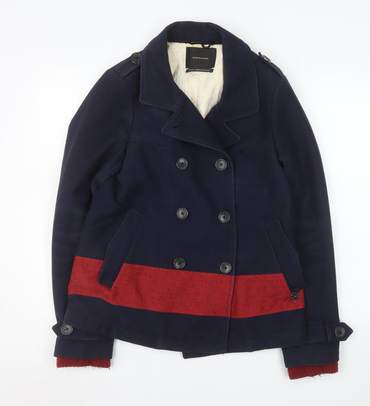 Maison Scotch Women Navy & Red Pea Coat Wool Blend Size 2 Classic Style