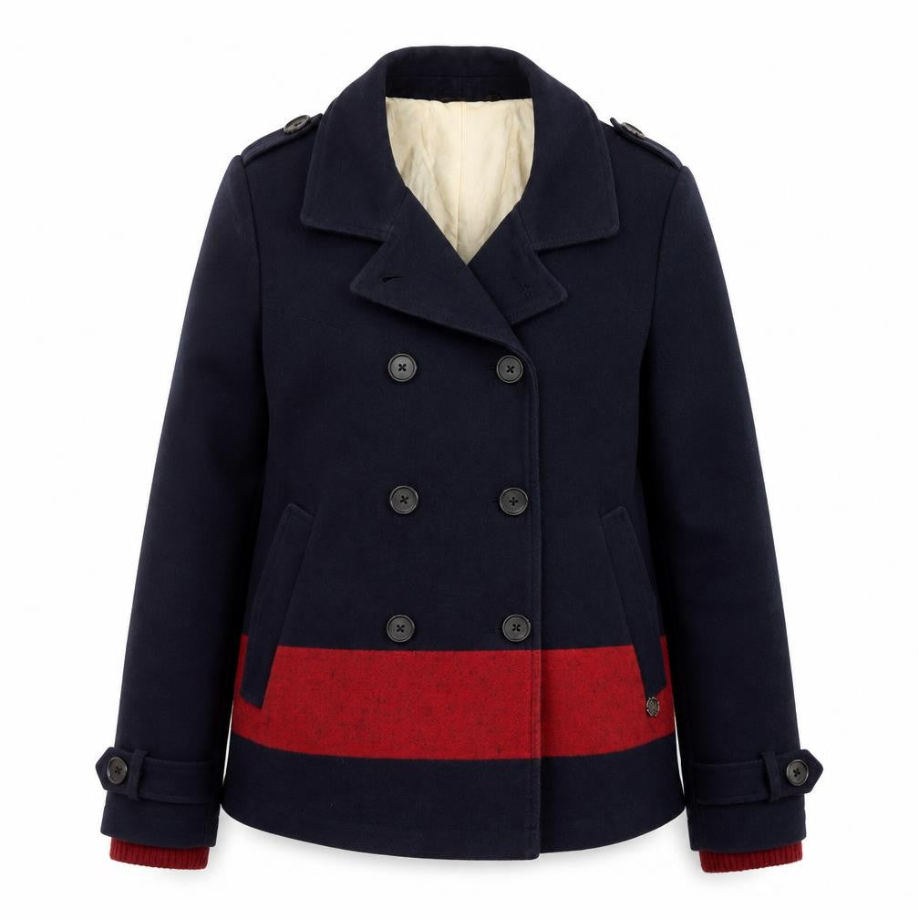 Front view of Maison Scotch Women Navy & Red Pea Coat Wool Blend, size 2, Classic Style