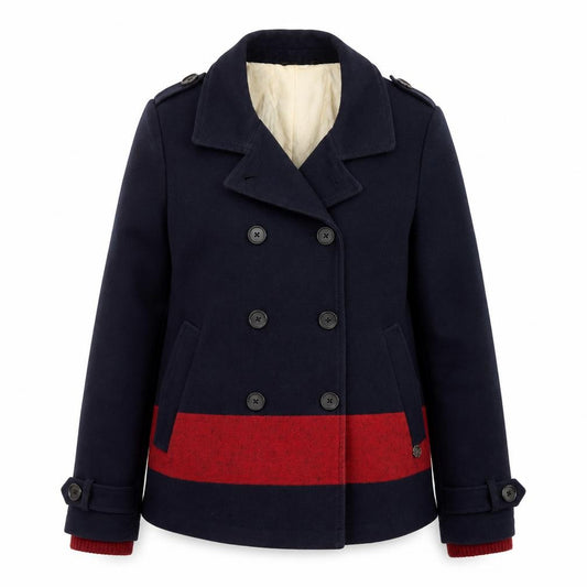 Front view of Maison Scotch Women Navy & Red Pea Coat Wool Blend, size 2, Classic Style