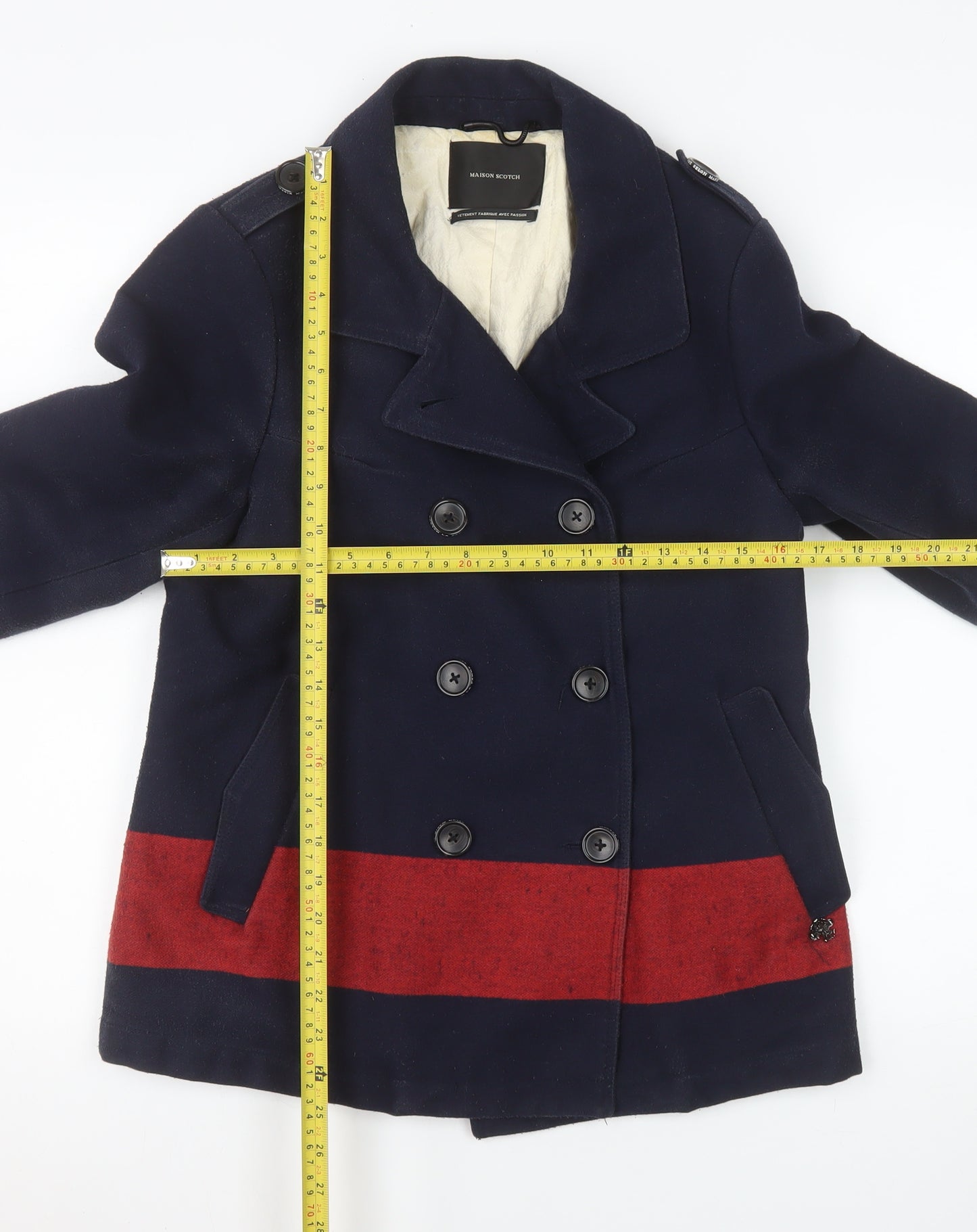 Maison Scotch Women Navy & Red Pea Coat Wool Blend Size 2 Classic Style