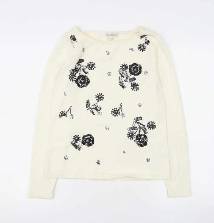 Monsoon Women Ivory Sequin Floral Knit Long Sleeve Blouse UK 12