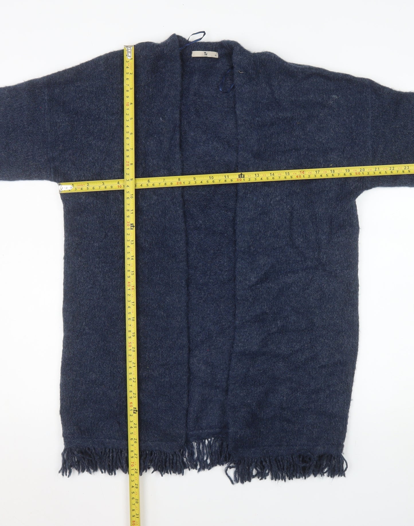Tu Women’s Blue Longline Knitted Fringe Cardigan Size 10