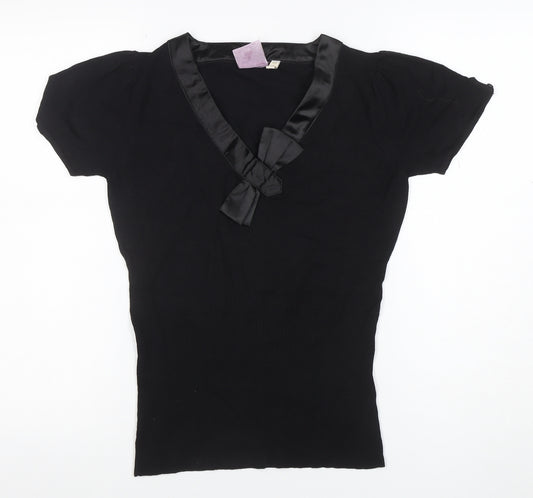 Qs-Qs Women's Black V-Neck Bow Short Sleeve Blouse Size M
