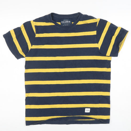 Pull & Bear Women's Blue Yellow Striped Cotton T-Shirt 2XS