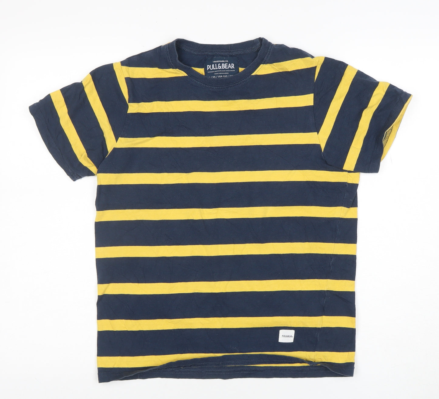 Pull & Bear Women's Blue Yellow Striped Cotton T-Shirt 2XS