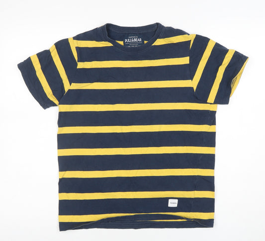 Pull & Bear Women's Blue Yellow Striped Cotton T-Shirt 2XS