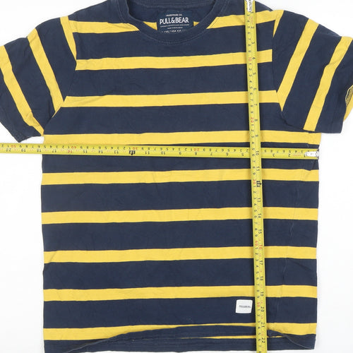 Pull & Bear Women's Blue Yellow Striped Cotton T-Shirt 2XS