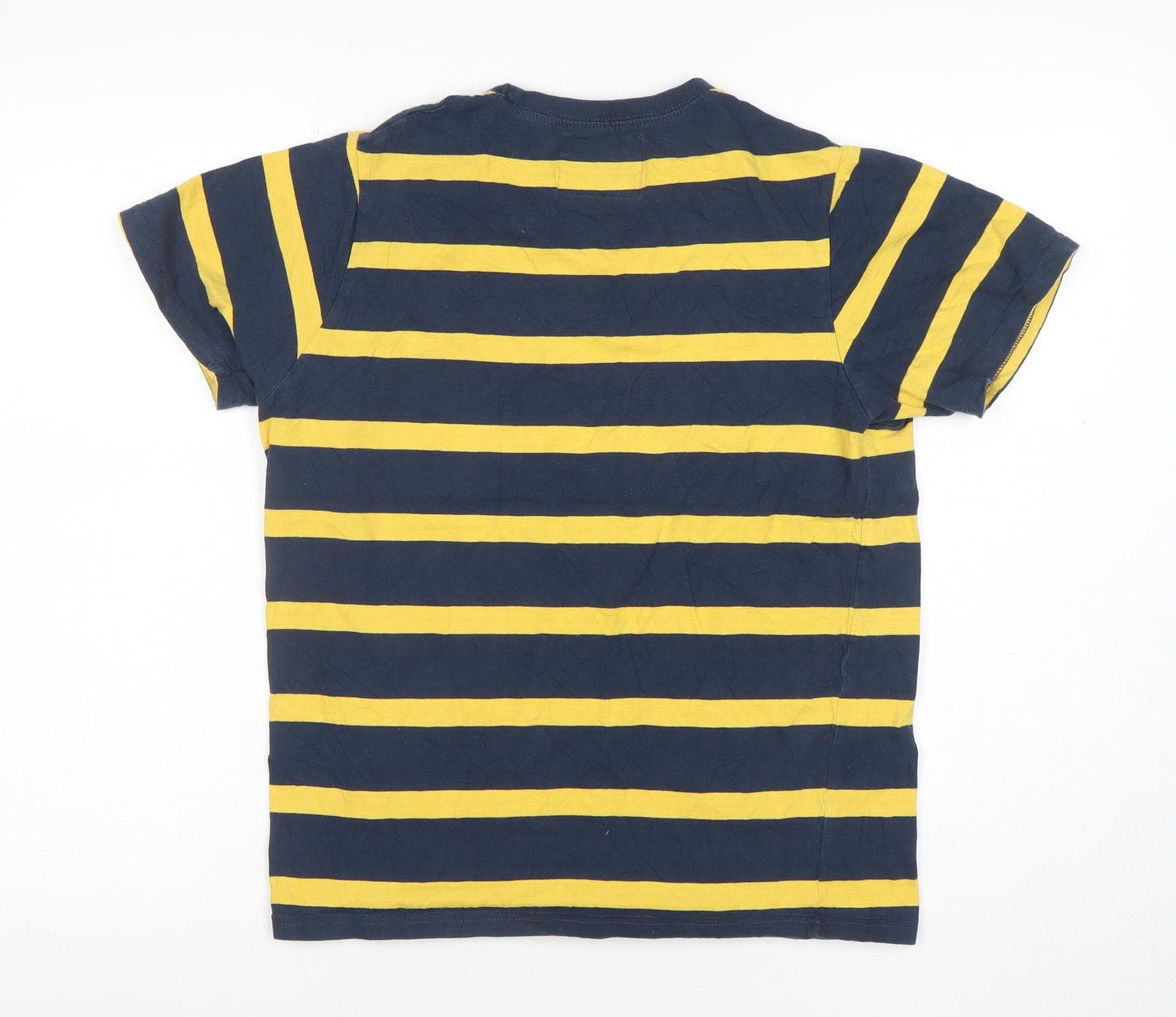Pull & Bear Women's Blue Yellow Striped Cotton T-Shirt 2XS