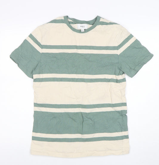Marks and Spencer Men's Green Beige Striped Crew Neck Cotton T-Shirt M