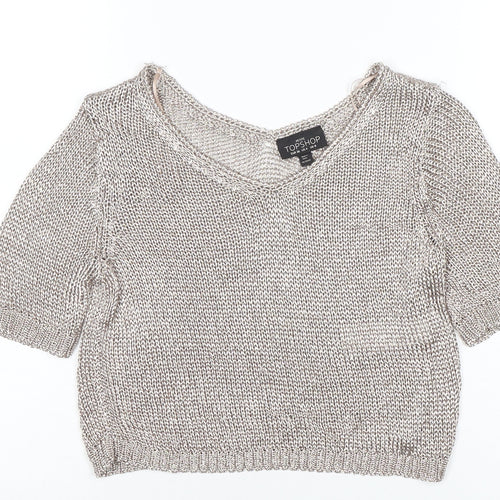 Topshop Petite Women’s Silver Knit V-Neck Cropped Blouse Size 8