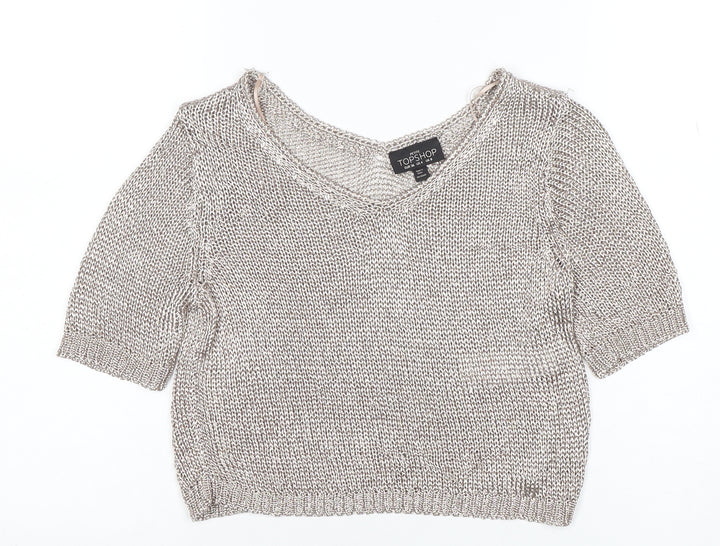 Topshop Petite Women’s Silver Knit V-Neck Cropped Blouse Size 8