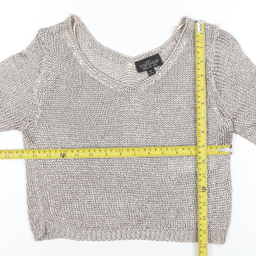 Topshop Petite Women’s Silver Knit V-Neck Cropped Blouse Size 8