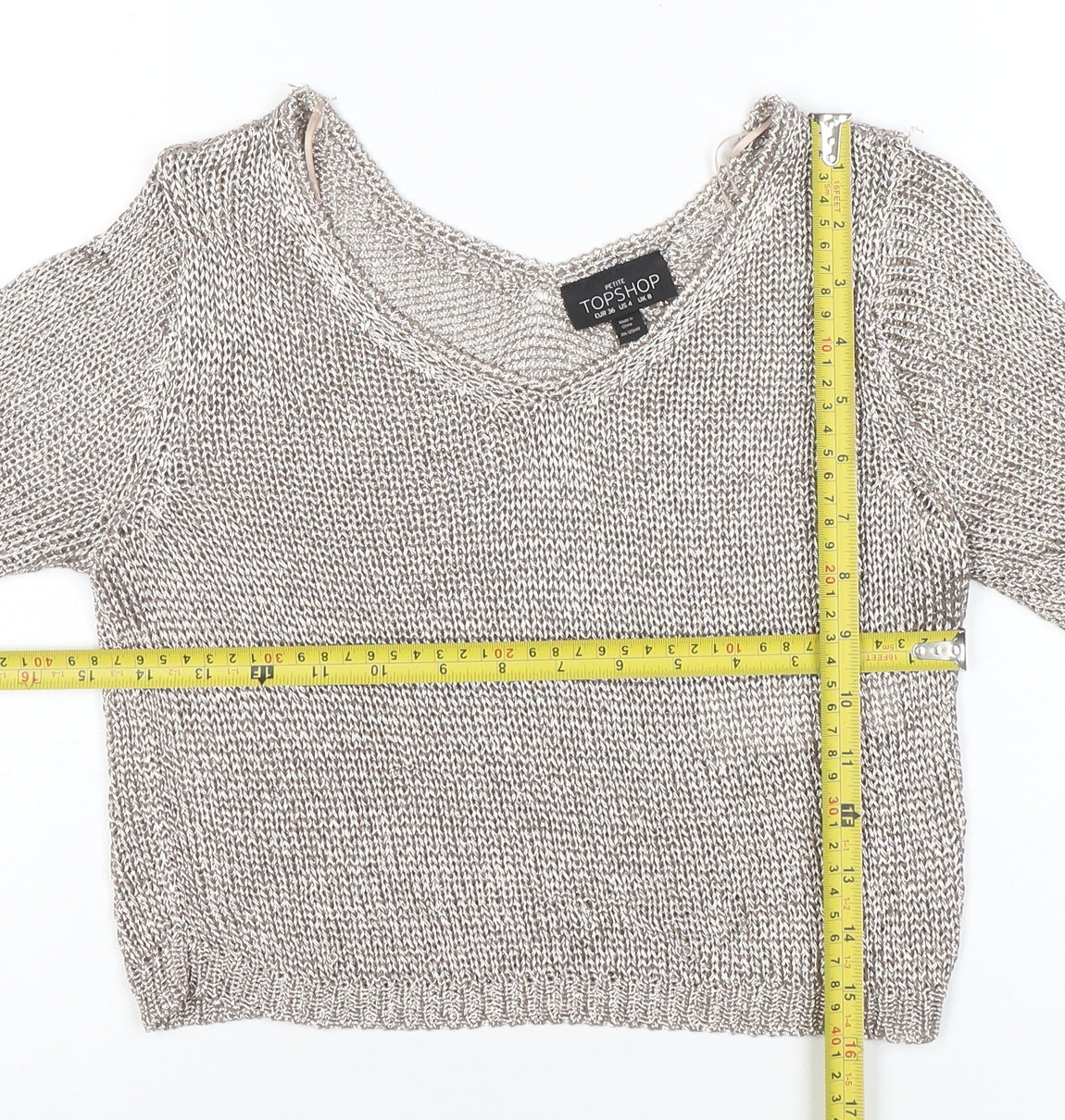 Topshop Petite Women’s Silver Knit V-Neck Cropped Blouse Size 8