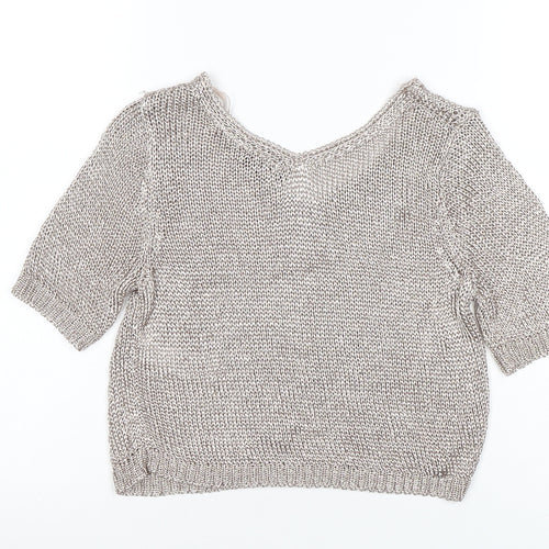 Topshop Petite Women’s Silver Knit V-Neck Cropped Blouse Size 8