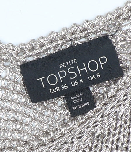 Topshop Petite Women’s Silver Knit V-Neck Cropped Blouse Size 8