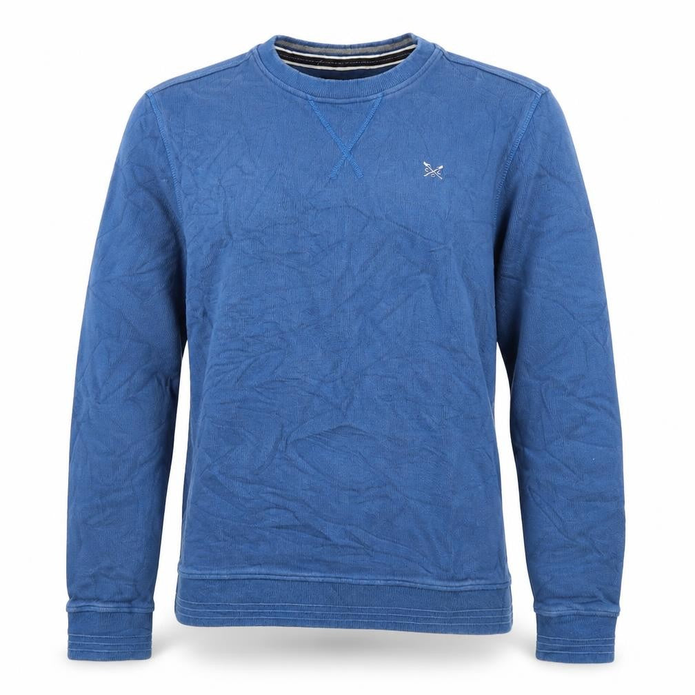 Front view of Crew Clothing Men's Blue Small Pullover Sweatshirt