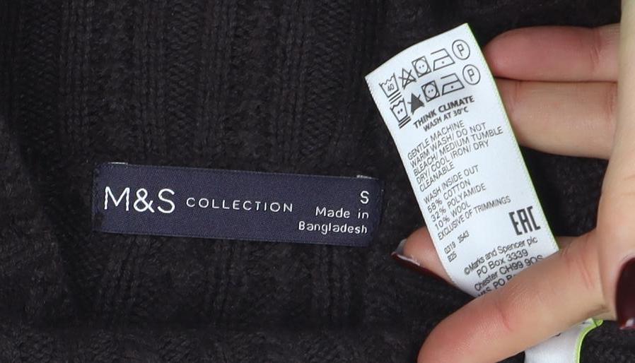 Marks and Spencer Women's Brown Roll Neck Cable-Knit Wool Jumper Size S