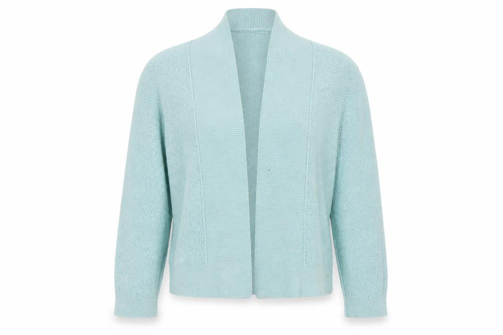 Front view of Roman Women’s Blue Knit Open Front Cardigan, size UK 18