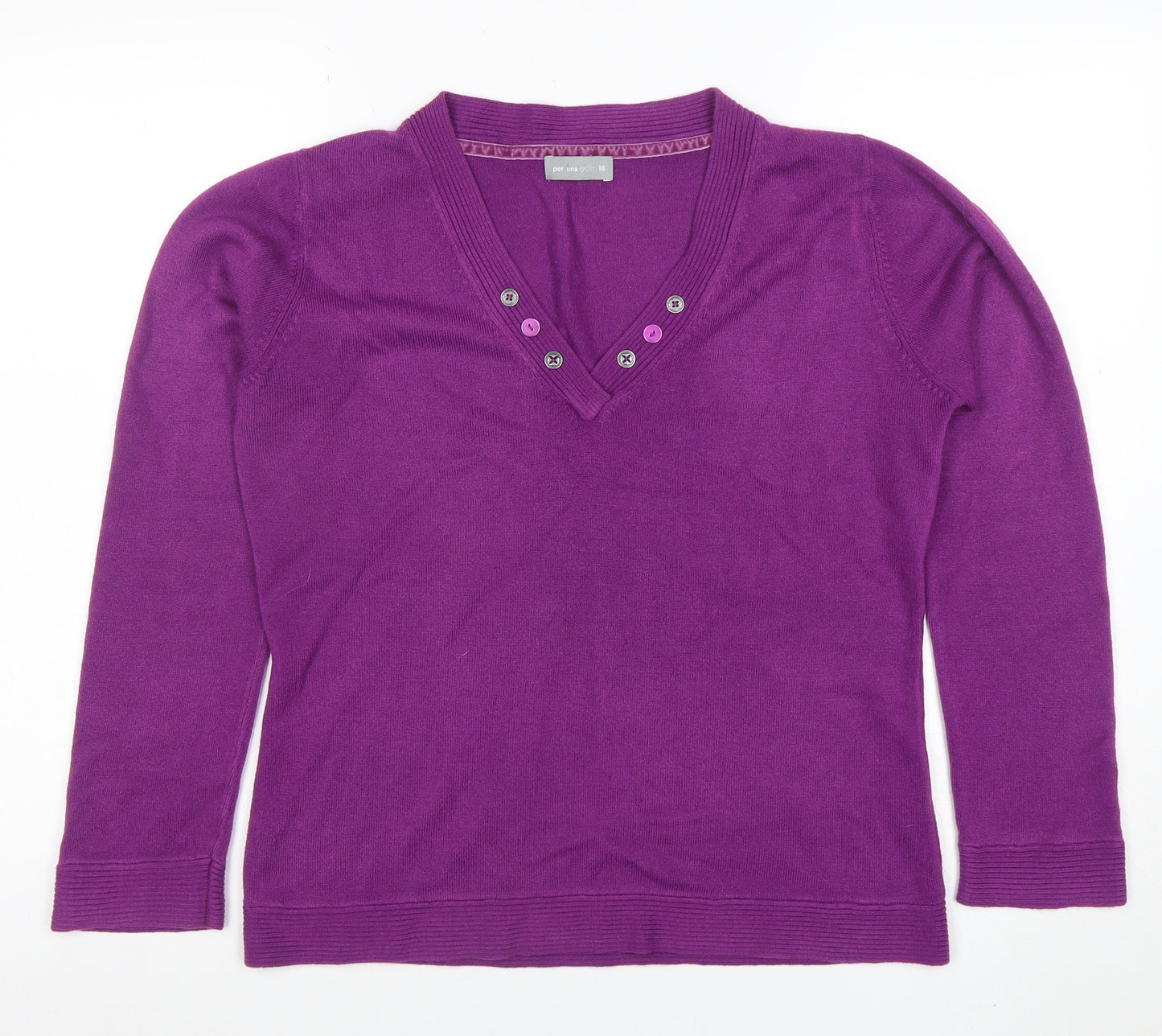 Marks and Spencer Per Una Womens Purple V-Neck Button Pullover Jumper Size 16