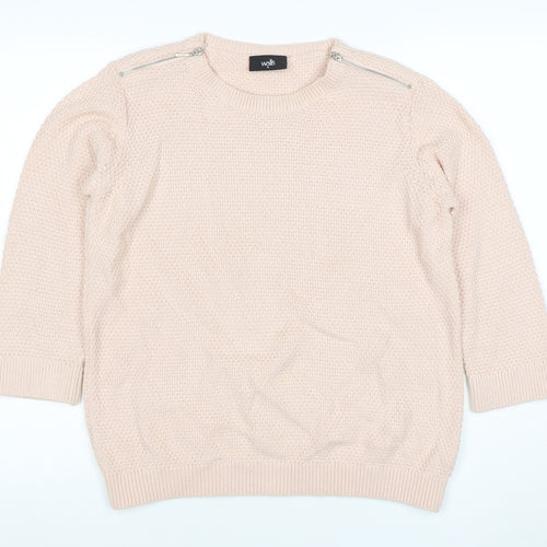 Wallis Women Beige Knit Zip Shoulder Jumper M 3/4 Sleeve