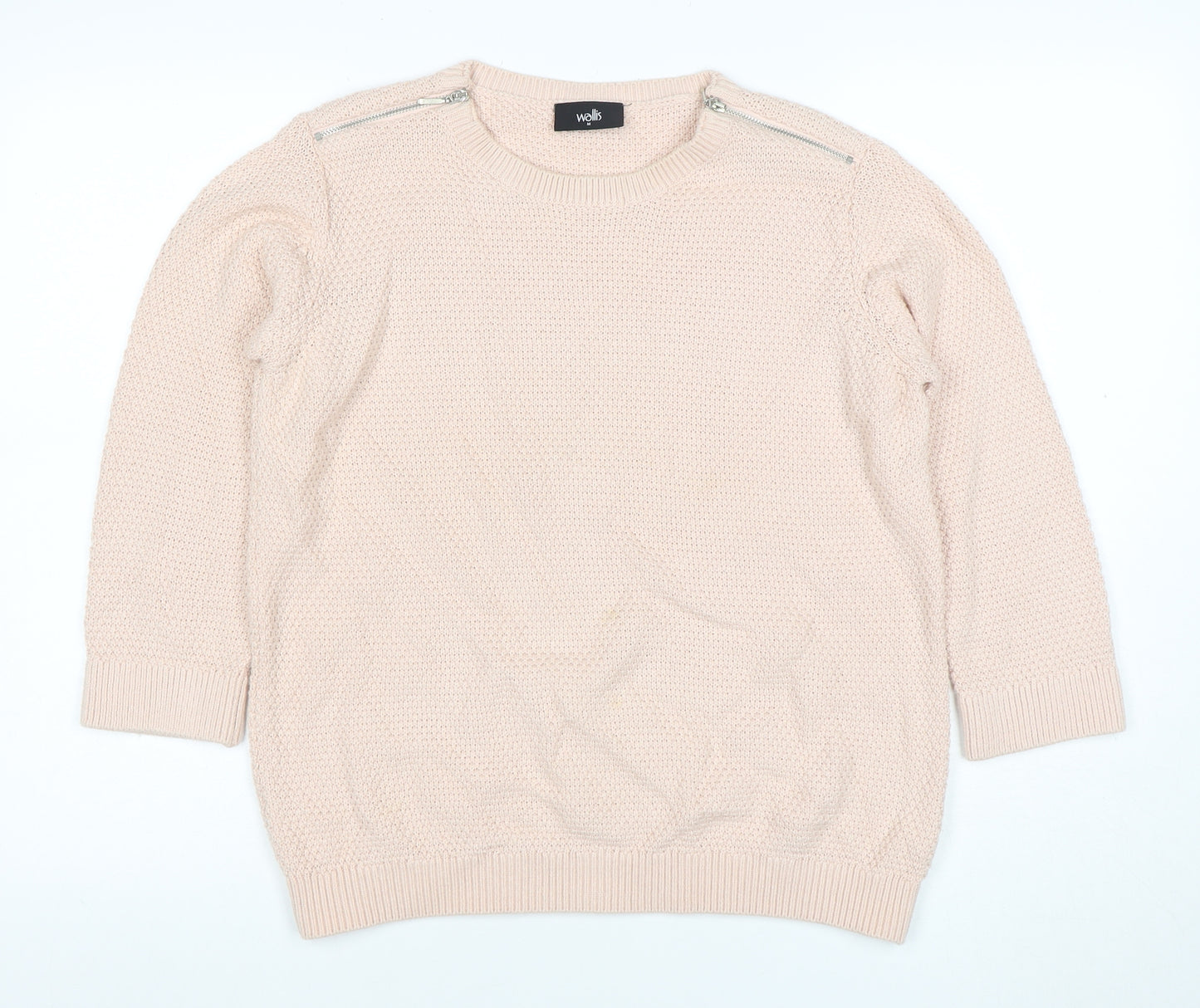 Wallis Women Beige Knit Zip Shoulder Jumper M 3/4 Sleeve