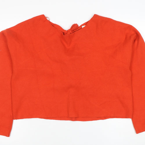 Zara Women Orange Knit Cropped Tie Back Blouse Size L