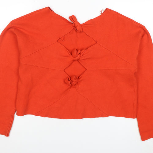 Zara Women Orange Knit Cropped Tie Back Blouse Size L
