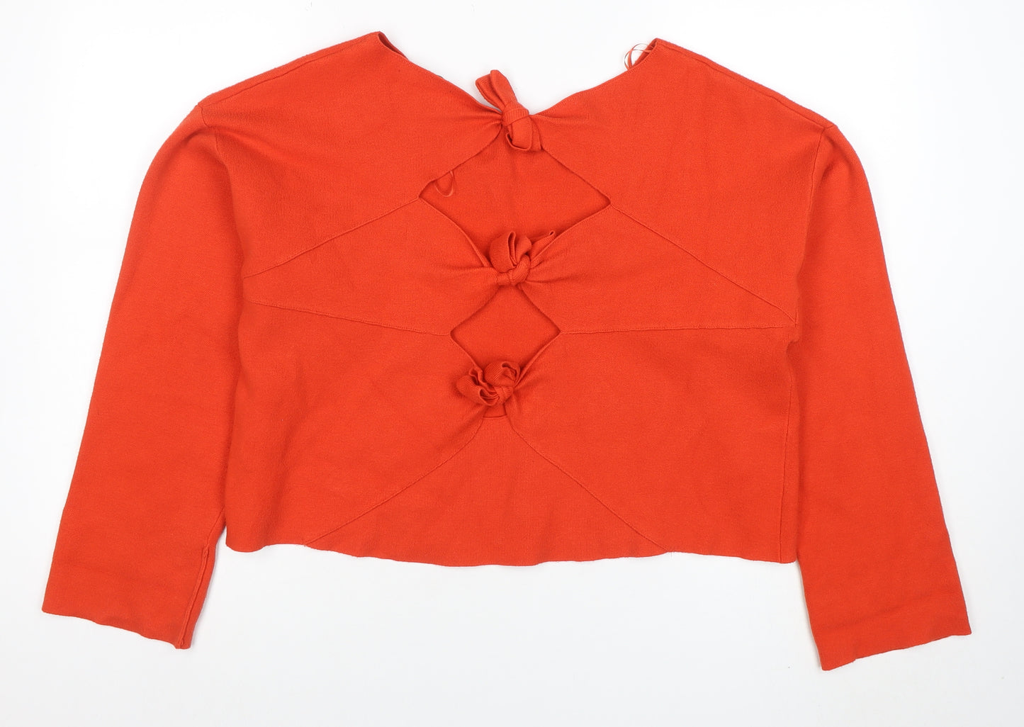 Zara Women Orange Knit Cropped Tie Back Blouse Size L
