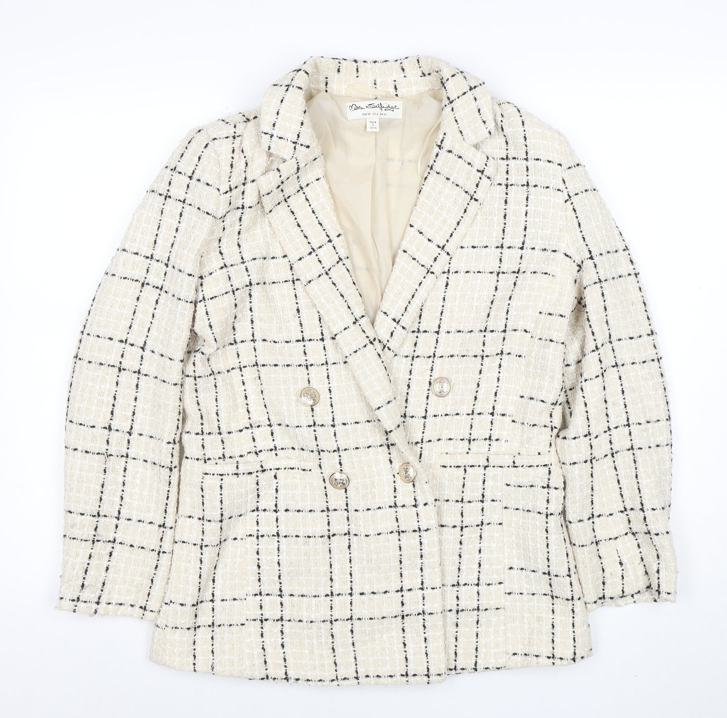 Miss Selfridge Women's Beige Black Check Tweed Double-Breasted Blazer UK 10