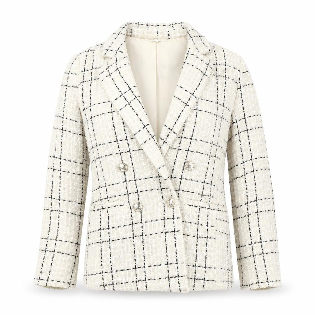 Miss Selfridge Women's Beige Black Check Tweed Double-Breasted Blazer UK 10