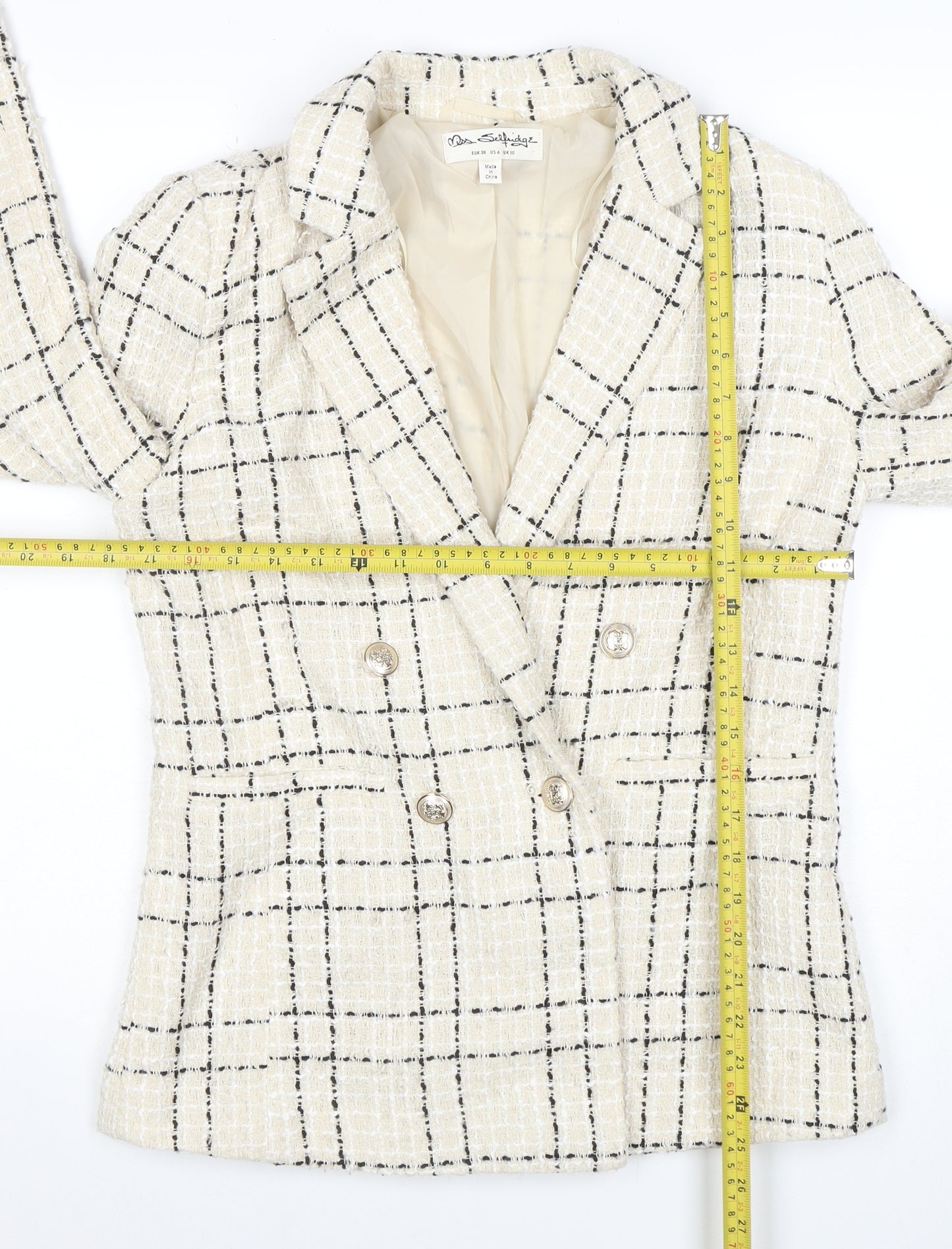 Miss Selfridge Women's Beige Black Check Tweed Double-Breasted Blazer UK 10