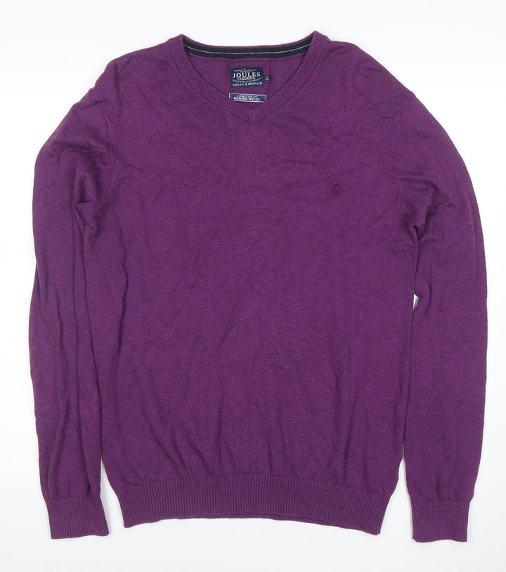 Joules Men's Purple Merino Wool V-Neck Jumper Size S