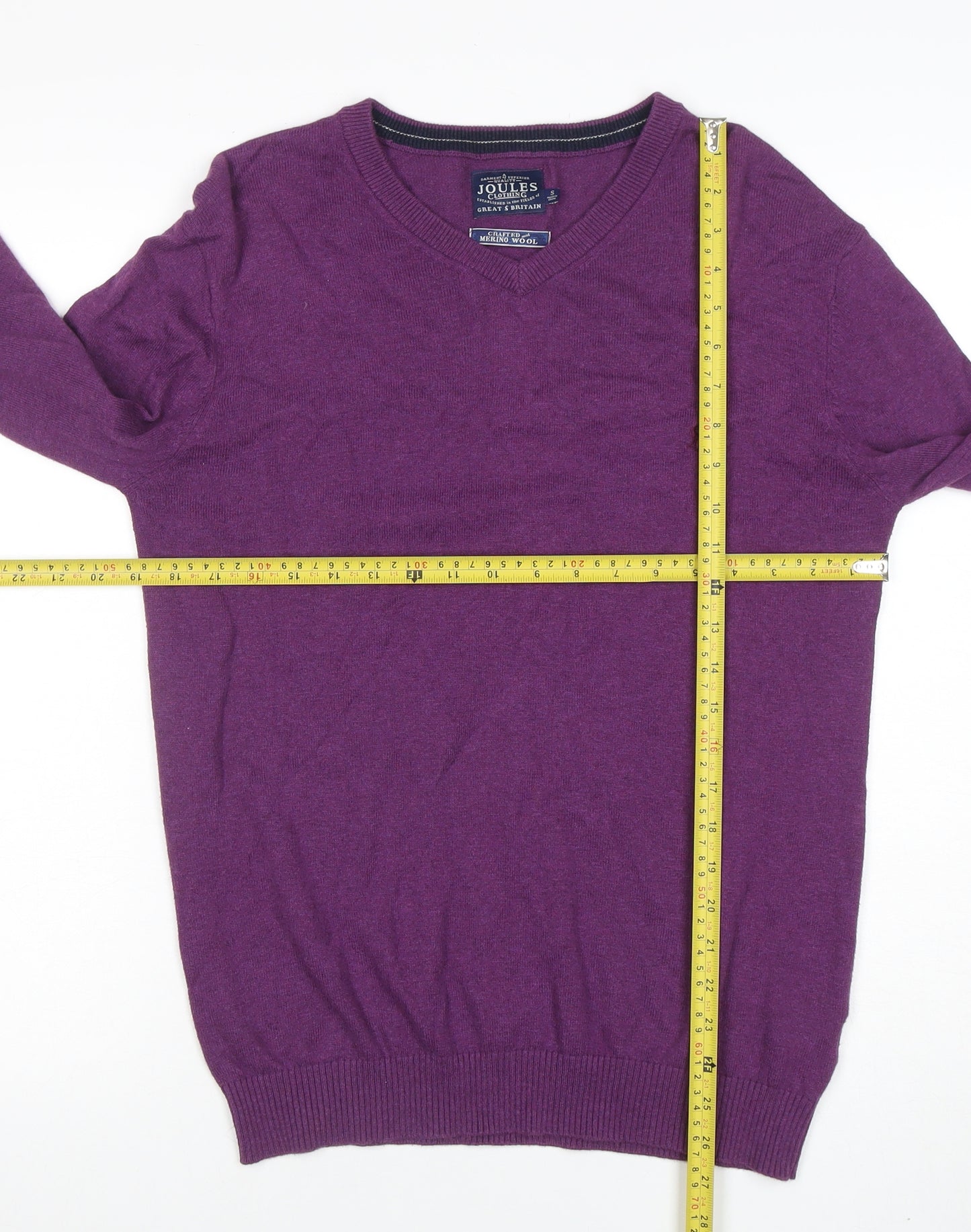 Joules Men's Purple Merino Wool V-Neck Jumper Size S