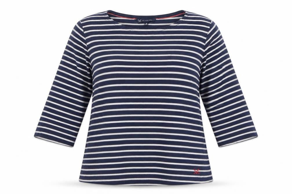 Crew Clothing Company Women Blue Striped Cotton 3/4 Sleeve T-Shirt Size 14