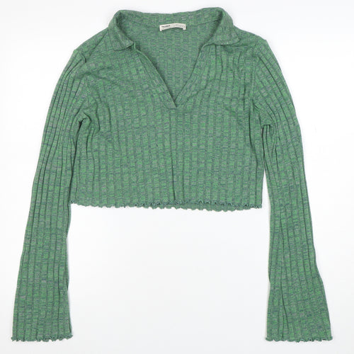 Pull&Bear Womens Green Cropped Collared Knit Long Sleeve Blouse Size M
