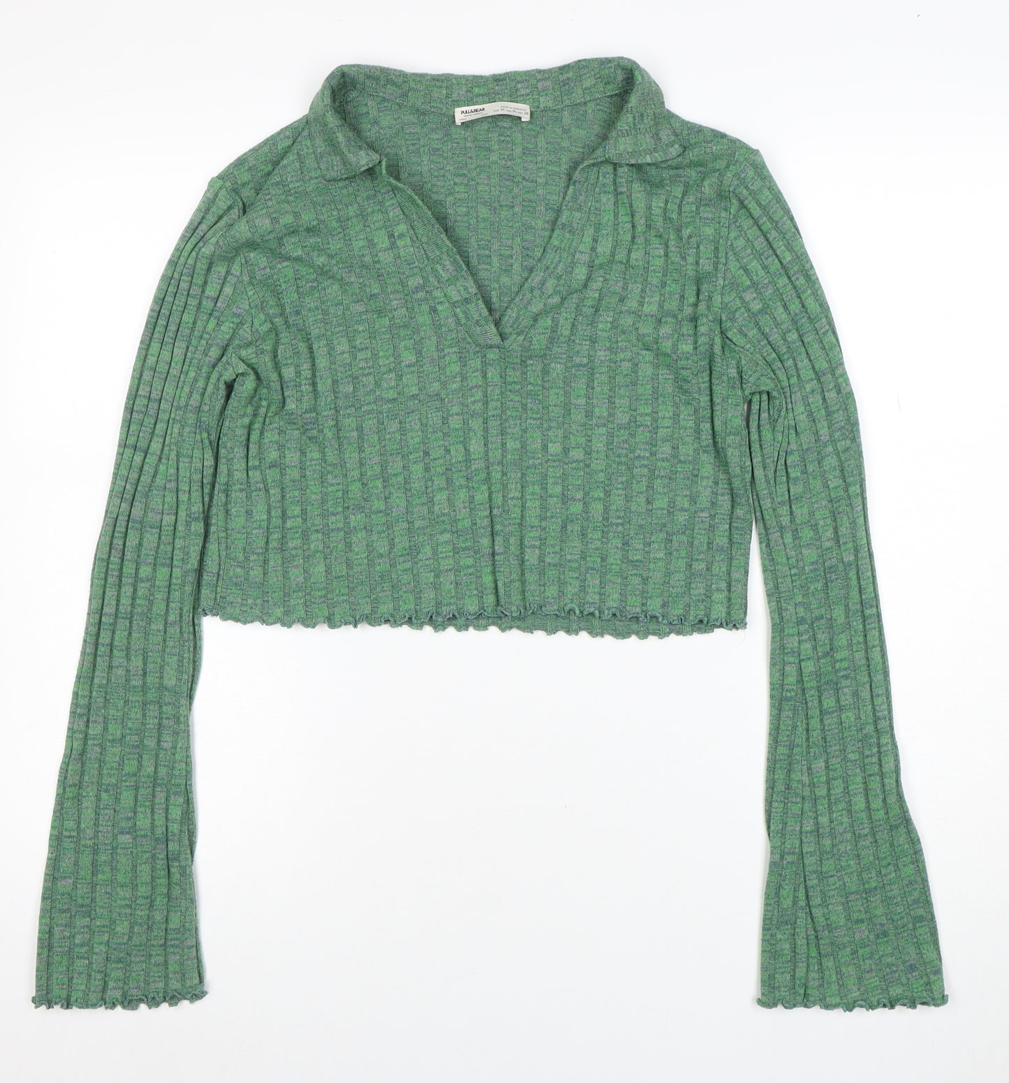 Pull&Bear Womens Green Cropped Collared Knit Long Sleeve Blouse Size M