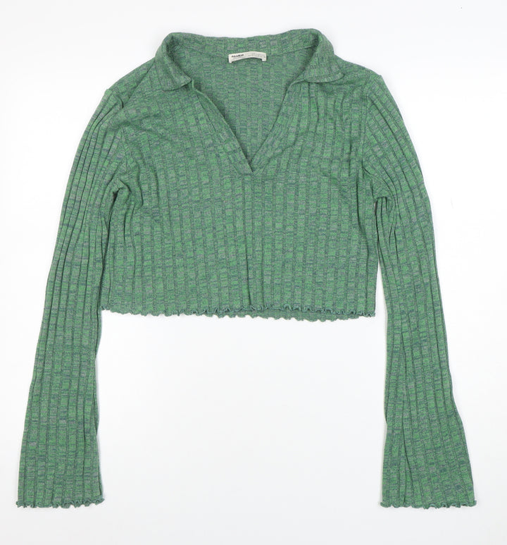 Pull&Bear Womens Green Cropped Collared Knit Long Sleeve Blouse Size M