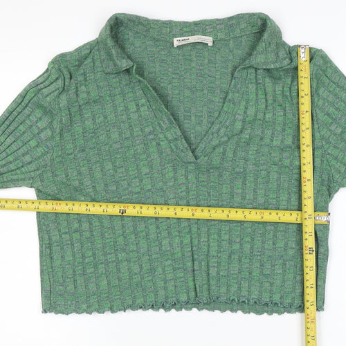 Pull&Bear Womens Green Cropped Collared Knit Long Sleeve Blouse Size M